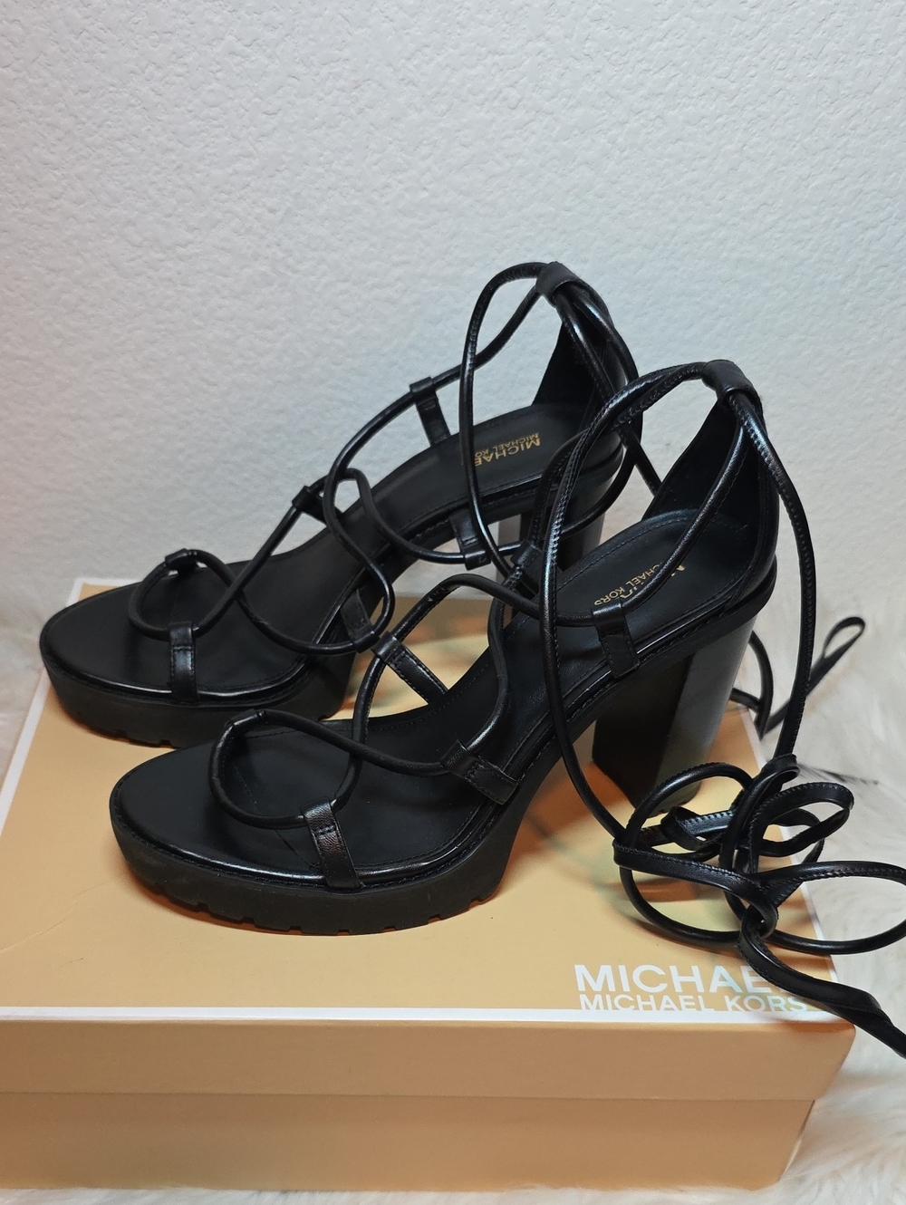 Michael Kors Black Lace-Up Platform Block Heel Sandals 9.5